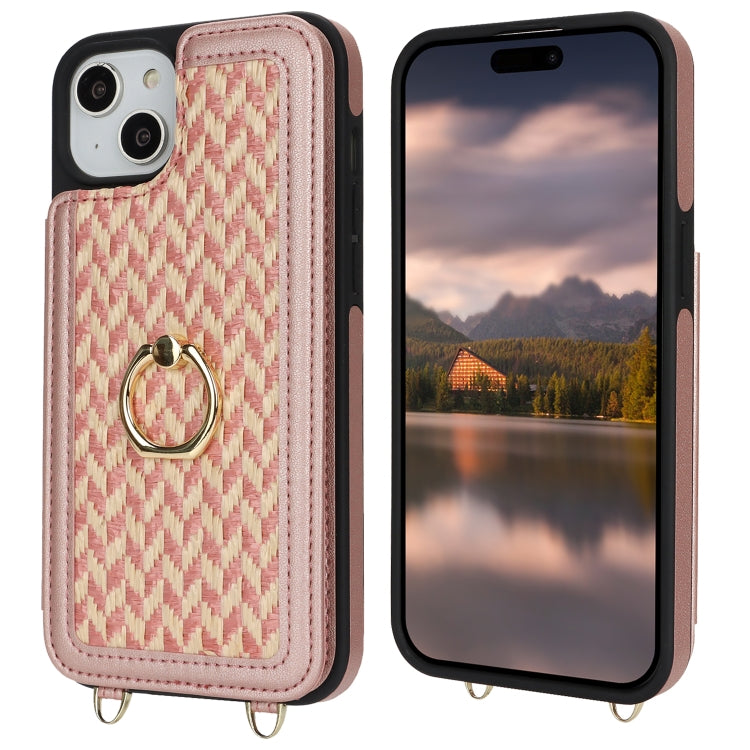 For iPhone 13 / 14 Double Bckle Card Slot Full Coverage Phone Case with Cross-body Strap(Rose Gold) - iPhone 13 Cases by buy2fix | Online Shopping UK | buy2fix