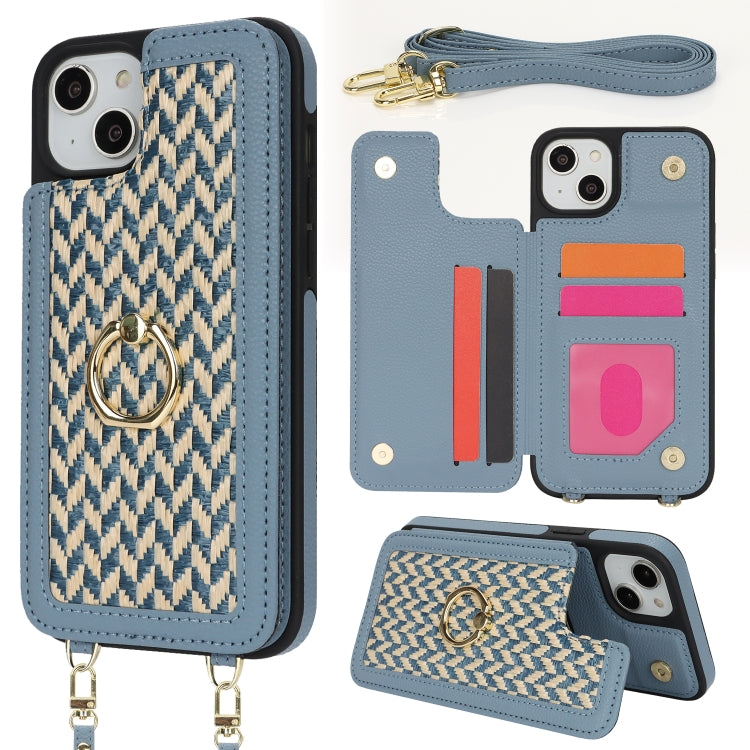 For iPhone 13 / 14 Double Bckle Card Slot Full Coverage Phone Case with Cross-body Strap(Blue) - iPhone 13 Cases by buy2fix | Online Shopping UK | buy2fix