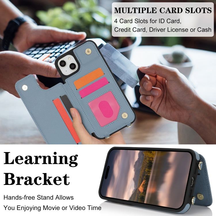 For iPhone 13 / 14 Double Bckle Card Slot Full Coverage Phone Case with Cross-body Strap(Blue) - iPhone 13 Cases by buy2fix | Online Shopping UK | buy2fix