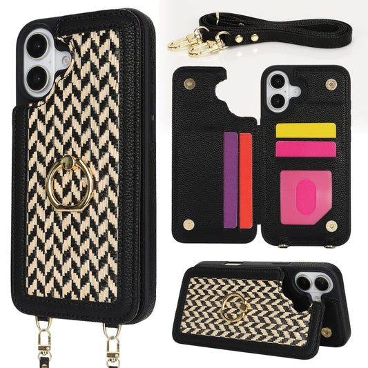 For iPhone 16 Plus Double Bckle Card Slot Full Coverage Phone Case with Cross-body Strap(Black) - iPhone 16 Plus Cases by buy2fix | Online Shopping UK | buy2fix
