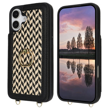 For iPhone 16 Plus Double Bckle Card Slot Full Coverage Phone Case with Cross-body Strap(Black) - iPhone 16 Plus Cases by buy2fix | Online Shopping UK | buy2fix