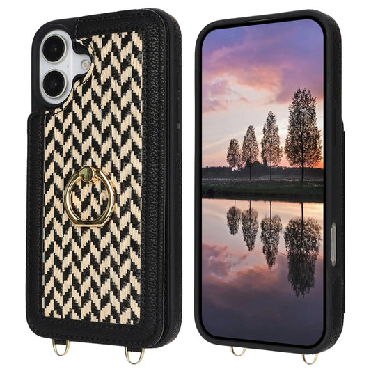 For iPhone 16 Plus Double Bckle Card Slot Full Coverage Phone Case with Cross-body Strap(Black) - iPhone 16 Plus Cases by buy2fix | Online Shopping UK | buy2fix