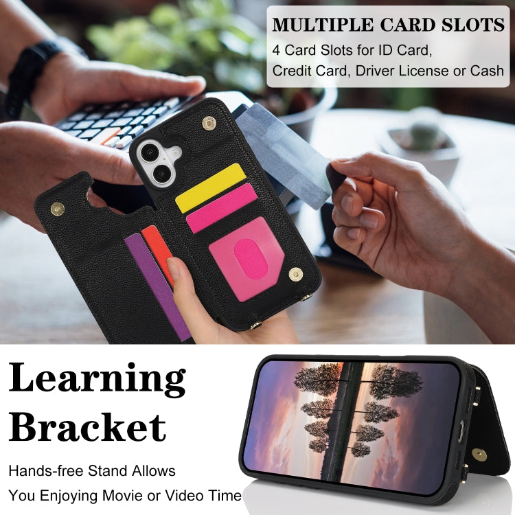 For iPhone 16 Plus Double Bckle Card Slot Full Coverage Phone Case with Cross-body Strap(Black) - iPhone 16 Plus Cases by buy2fix | Online Shopping UK | buy2fix