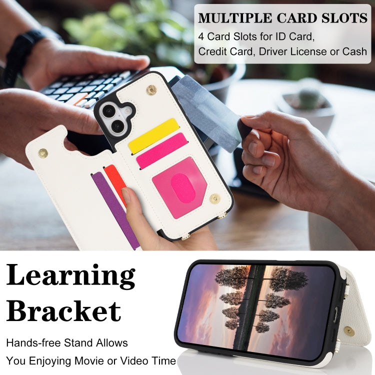 For iPhone 16 Plus Double Bckle Card Slot Full Coverage Phone Case with Cross-body Strap(White) - iPhone 16 Plus Cases by buy2fix | Online Shopping UK | buy2fix