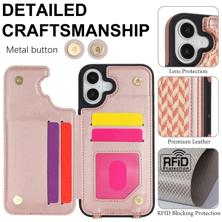 For iPhone 16 Plus Double Bckle Card Slot Full Coverage Phone Case with Cross-body Strap(Rose Gold) - iPhone 16 Plus Cases by buy2fix | Online Shopping UK | buy2fix