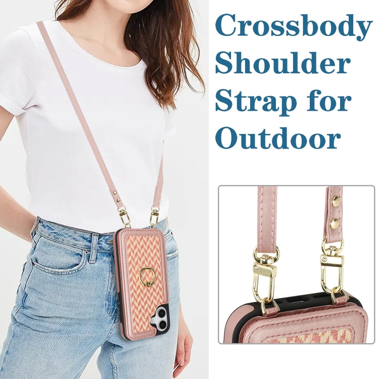 For iPhone 16 Plus Double Bckle Card Slot Full Coverage Phone Case with Cross-body Strap(Rose Gold) - iPhone 16 Plus Cases by buy2fix | Online Shopping UK | buy2fix