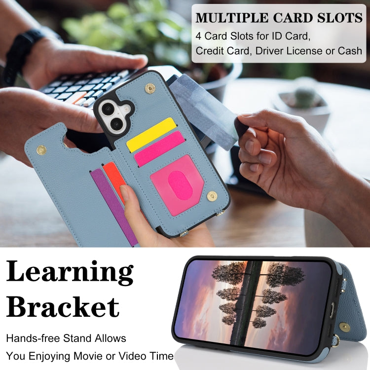 For iPhone 16 Plus Double Bckle Card Slot Full Coverage Phone Case with Cross-body Strap(Blue) - iPhone 16 Plus Cases by buy2fix | Online Shopping UK | buy2fix