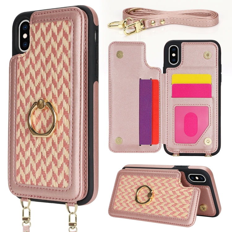 For iPhone X / XS Double Bckle Card Slot Full Coverage Phone Case with Cross-body Strap(Rose Gold) - More iPhone Cases by buy2fix | Online Shopping UK | buy2fix