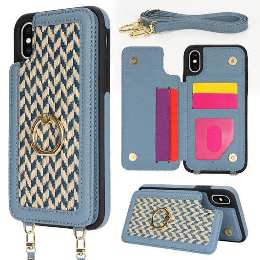 For iPhone XS Max Double Bckle Card Slot Full Coverage Phone Case with Cross-body Strap(Blue) - More iPhone Cases by buy2fix | Online Shopping UK | buy2fix