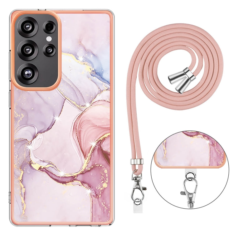For Samsung Galaxy S25 Ultra 5G Electroplating Marble Dual-side IMD Phone Case with Lanyard(Rose Gold 005) by buy2fix