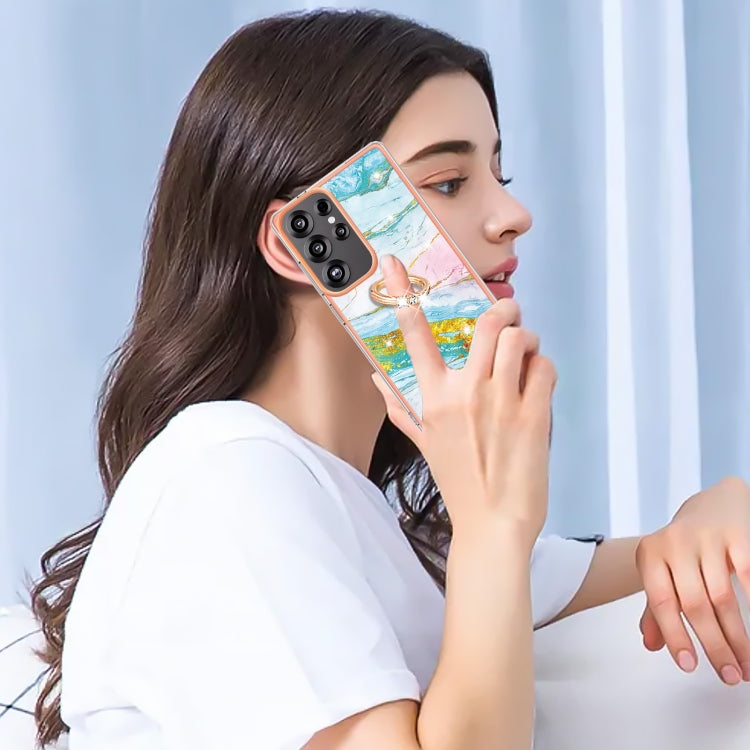 For Samsung Galaxy S25 Ultra 5G Electroplating Marble IMD TPU Phone Case with Ring Holder(Green 004) by buy2fix