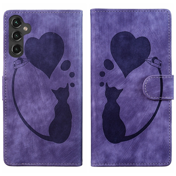 For Samsung Galaxy S25 5G Pen Heart Cat Embossed Leather Phone Case(Purple) by buy2fix