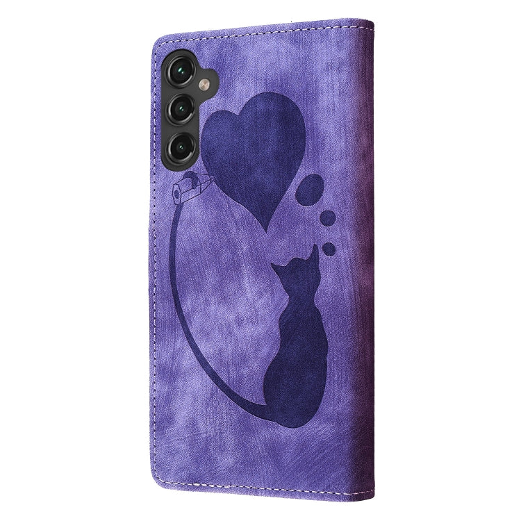 For Samsung Galaxy S25 5G Pen Heart Cat Embossed Leather Phone Case(Purple) by buy2fix