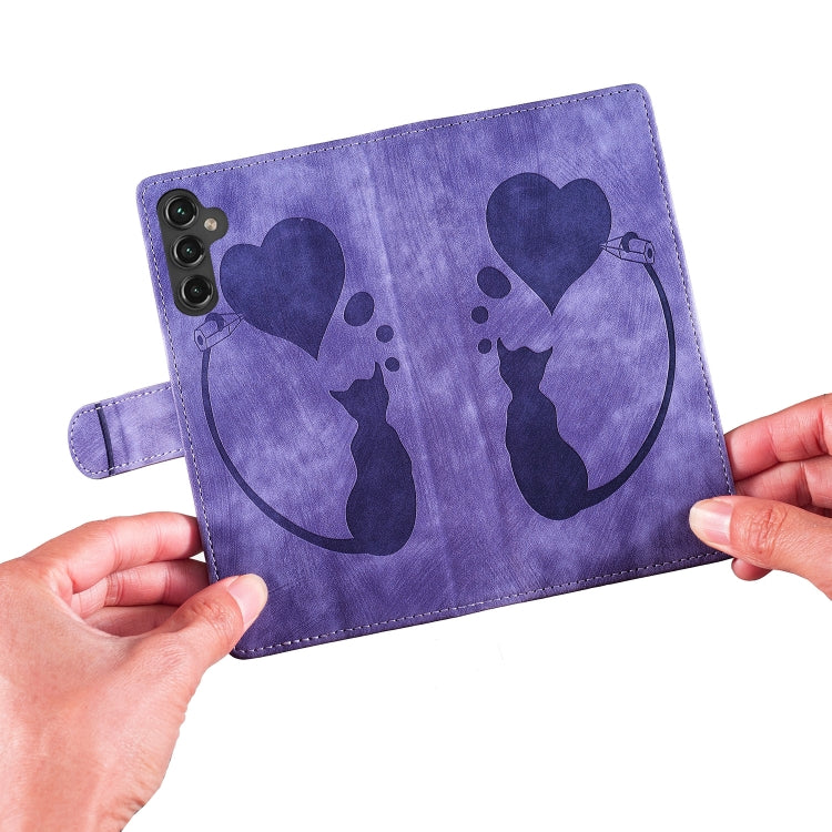 For Samsung Galaxy S25 5G Pen Heart Cat Embossed Leather Phone Case(Purple) by buy2fix