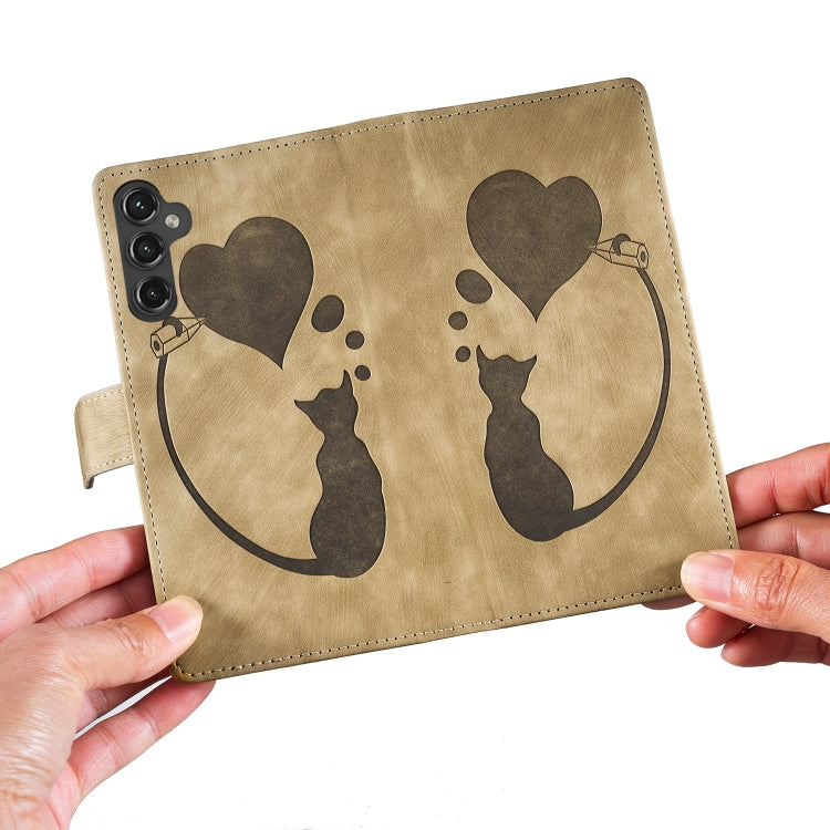 For Samsung Galaxy S25 5G Pen Heart Cat Embossed Leather Phone Case(Apricot) by buy2fix