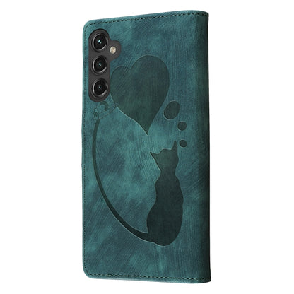 For Samsung Galaxy S25 5G Pen Heart Cat Embossed Leather Phone Case(Green) by buy2fix