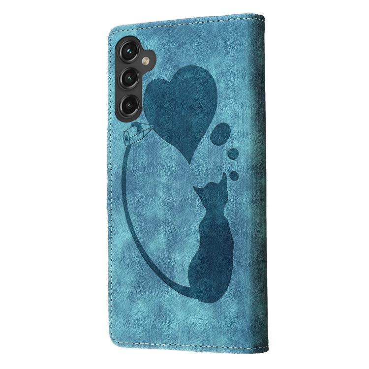For Samsung Galaxy S25 5G Pen Heart Cat Embossed Leather Phone Case(Blue) by buy2fix