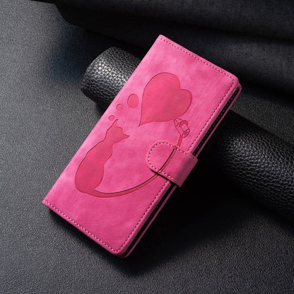 For Samsung Galaxy S25 5G Pen Heart Cat Embossed Leather Phone Case(Pink) by buy2fix