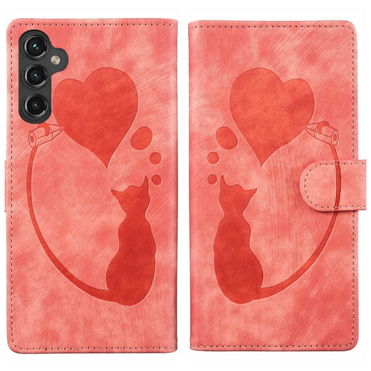 For Samsung Galaxy S25+ 5G Pen Heart Cat Embossed Leather Phone Case(Orange) - Galaxy S25+ 5G Cases by buy2fix | Online Shopping UK | buy2fix