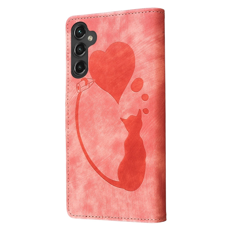 For Samsung Galaxy S25+ 5G Pen Heart Cat Embossed Leather Phone Case(Orange) - Galaxy S25+ 5G Cases by buy2fix | Online Shopping UK | buy2fix