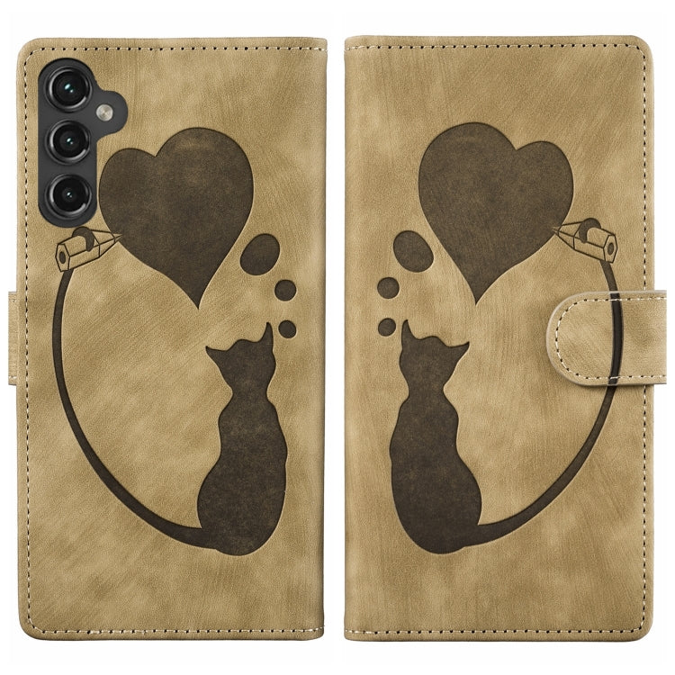 For Samsung Galaxy S25+ 5G Pen Heart Cat Embossed Leather Phone Case(Apricot) by buy2fix
