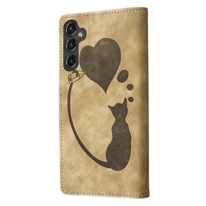 For Samsung Galaxy S25+ 5G Pen Heart Cat Embossed Leather Phone Case(Apricot) by buy2fix