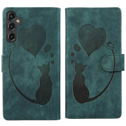 For Samsung Galaxy S25+ 5G Pen Heart Cat Embossed Leather Phone Case(Green) - Galaxy S25+ 5G Cases by buy2fix | Online Shopping UK | buy2fix