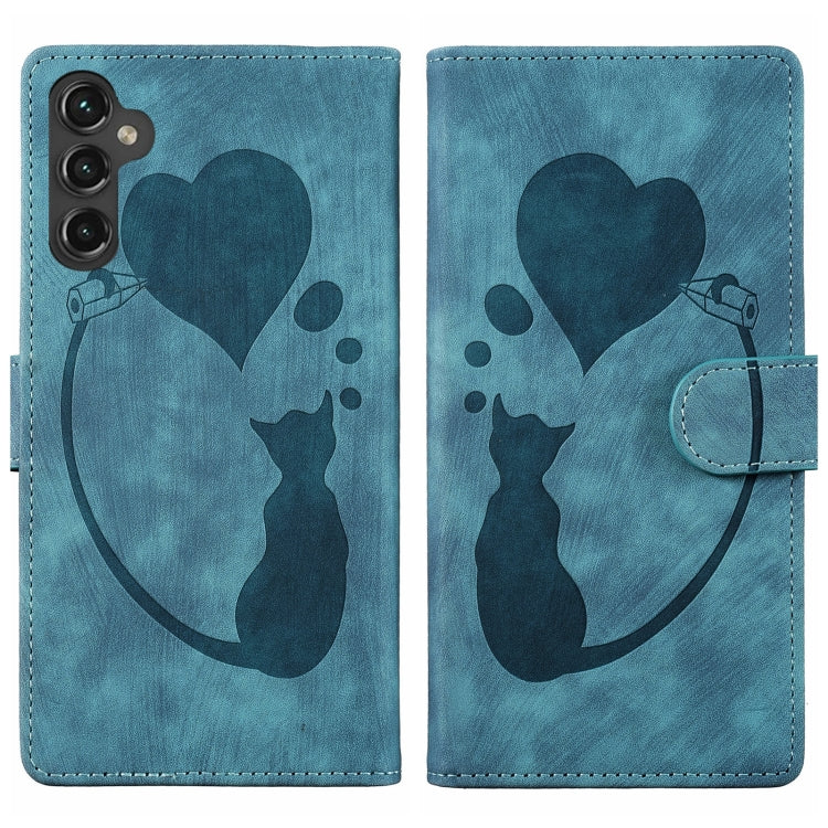 For Samsung Galaxy S25+ 5G Pen Heart Cat Embossed Leather Phone Case(Blue) by buy2fix