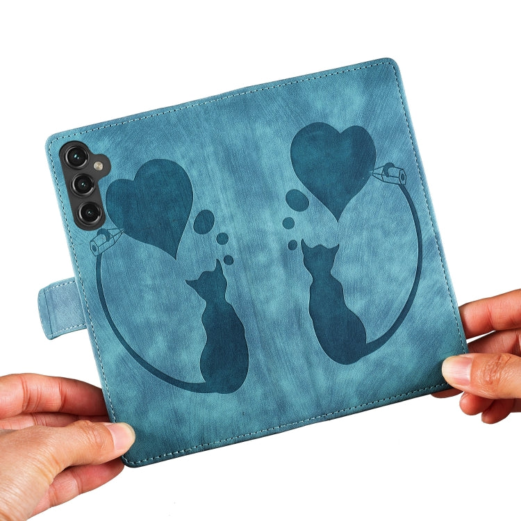 For Samsung Galaxy S25+ 5G Pen Heart Cat Embossed Leather Phone Case(Blue) by buy2fix
