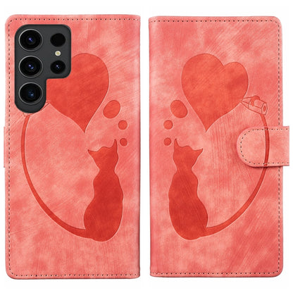 For Samsung Galaxy S25 Ultra 5G Pen Heart Cat Embossed Leather Phone Case(Orange) by buy2fix