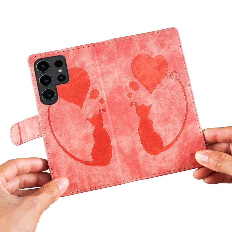 For Samsung Galaxy S25 Ultra 5G Pen Heart Cat Embossed Leather Phone Case(Orange) by buy2fix