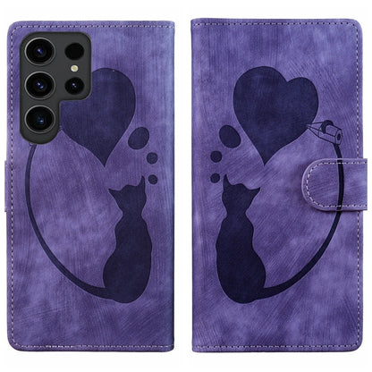 For Samsung Galaxy S25 Ultra 5G Pen Heart Cat Embossed Leather Phone Case(Purple) by buy2fix