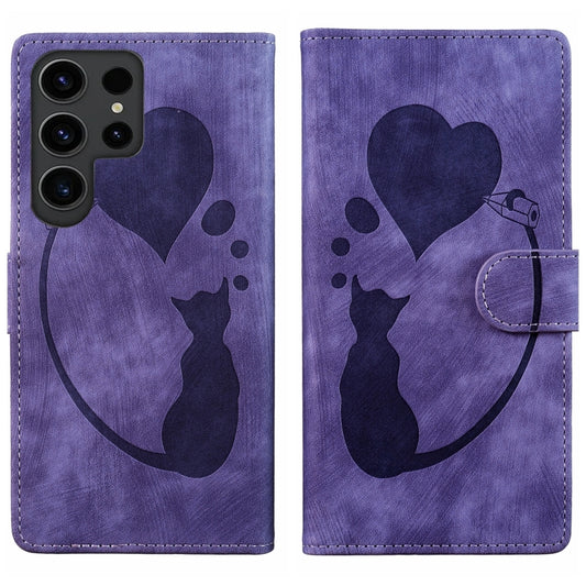 For Samsung Galaxy S25 Ultra 5G Pen Heart Cat Embossed Leather Phone Case(Purple) by buy2fix