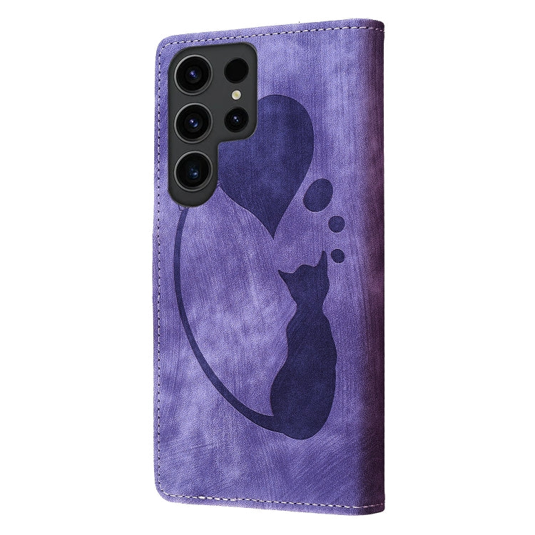 For Samsung Galaxy S25 Ultra 5G Pen Heart Cat Embossed Leather Phone Case(Purple) by buy2fix