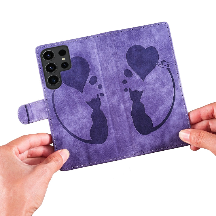 For Samsung Galaxy S25 Ultra 5G Pen Heart Cat Embossed Leather Phone Case(Purple) by buy2fix