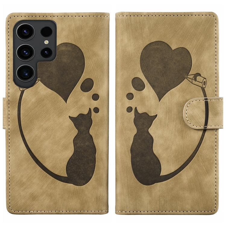 For Samsung Galaxy S25 Ultra 5G Pen Heart Cat Embossed Leather Phone Case(Apricot) by buy2fix