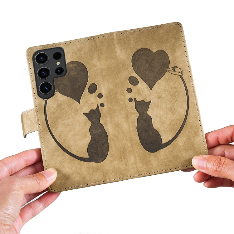 For Samsung Galaxy S25 Ultra 5G Pen Heart Cat Embossed Leather Phone Case(Apricot) by buy2fix