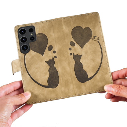 For Samsung Galaxy S25 Ultra 5G Pen Heart Cat Embossed Leather Phone Case(Apricot) by buy2fix