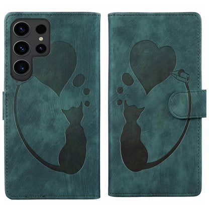 For Samsung Galaxy S25 Ultra 5G Pen Heart Cat Embossed Leather Phone Case(Green) by buy2fix