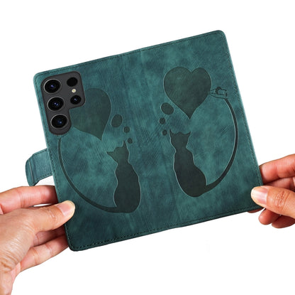 For Samsung Galaxy S25 Ultra 5G Pen Heart Cat Embossed Leather Phone Case(Green) by buy2fix