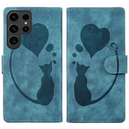 For Samsung Galaxy S25 Ultra 5G Pen Heart Cat Embossed Leather Phone Case(Blue) by buy2fix