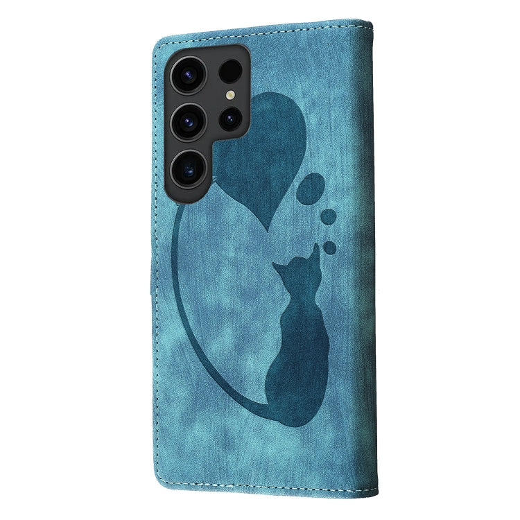 For Samsung Galaxy S25 Ultra 5G Pen Heart Cat Embossed Leather Phone Case(Blue) by buy2fix