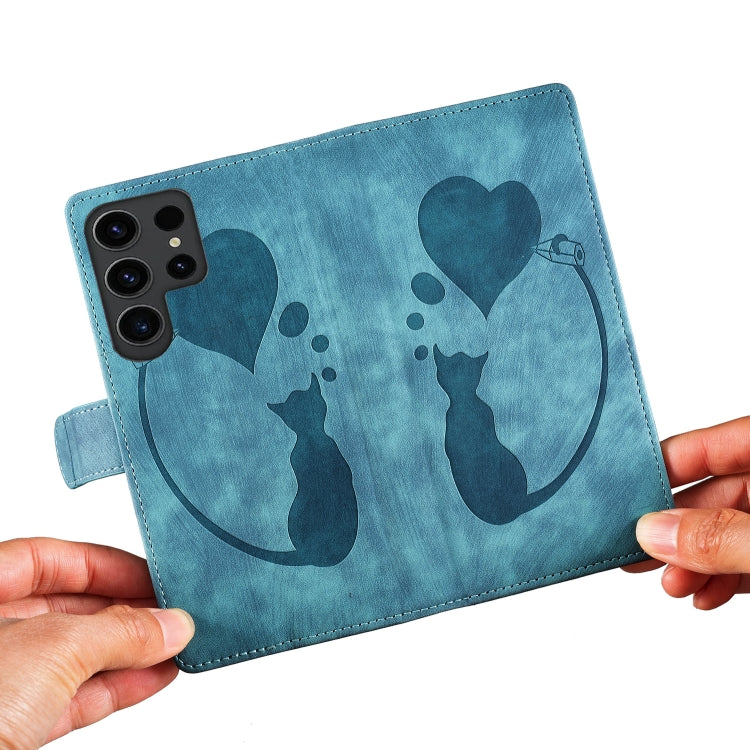 For Samsung Galaxy S25 Ultra 5G Pen Heart Cat Embossed Leather Phone Case(Blue) by buy2fix
