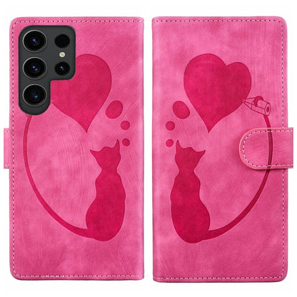 For Samsung Galaxy S25 Ultra 5G Pen Heart Cat Embossed Leather Phone Case(Pink) by buy2fix