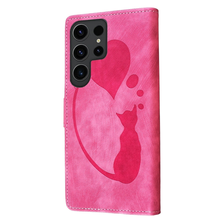 For Samsung Galaxy S25 Ultra 5G Pen Heart Cat Embossed Leather Phone Case(Pink) by buy2fix