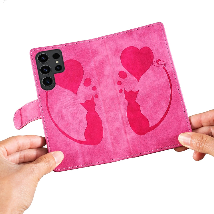 For Samsung Galaxy S25 Ultra 5G Pen Heart Cat Embossed Leather Phone Case(Pink) by buy2fix
