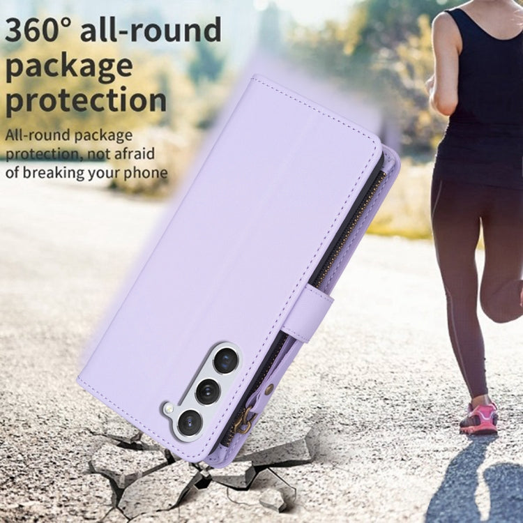For Samsung Galaxy S25 5G 9 Card Slots Zipper Wallet Leather Flip Phone Case(Light Purple) by buy2fix