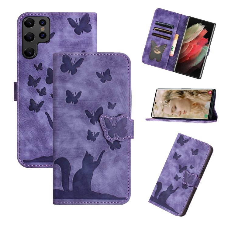 For Samsung Galaxy S25 Ultra 5G Butterfly Cat Embossing Flip Leather Phone Case(Purple) by buy2fix