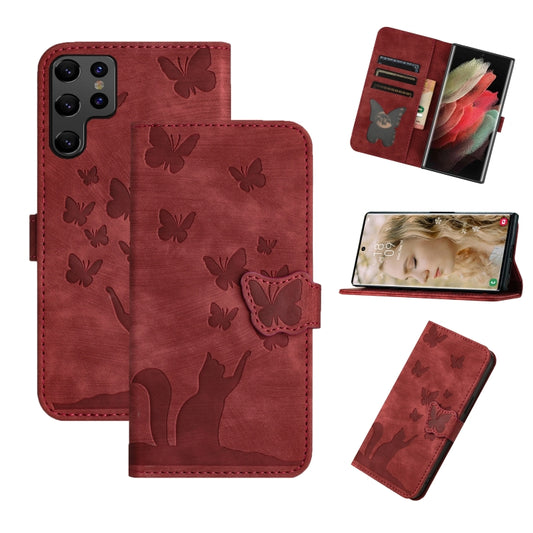 For Samsung Galaxy S25 Ultra 5G Butterfly Cat Embossing Flip Leather Phone Case(Red) by buy2fix