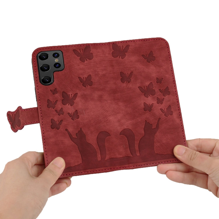 For Samsung Galaxy S25 Ultra 5G Butterfly Cat Embossing Flip Leather Phone Case(Red) by buy2fix